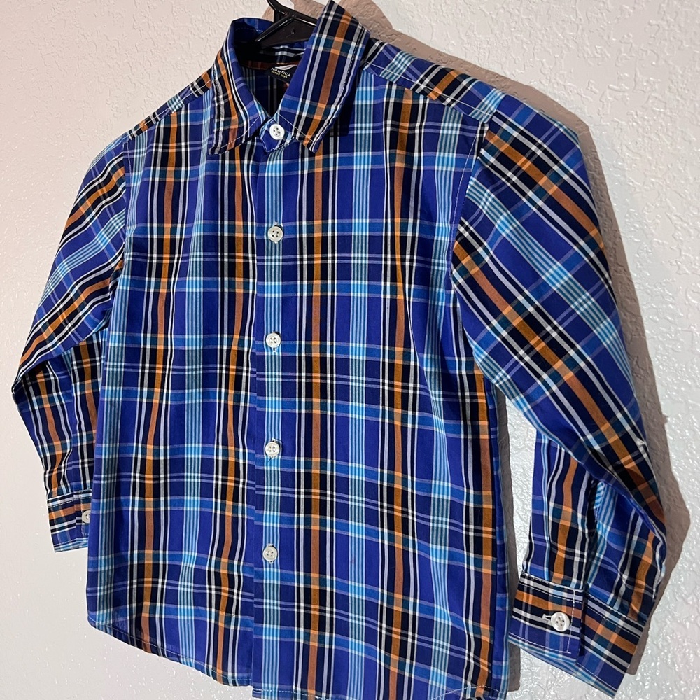 Nautica Boys Plaid Button Down Shirt Blue Orange Size 5
